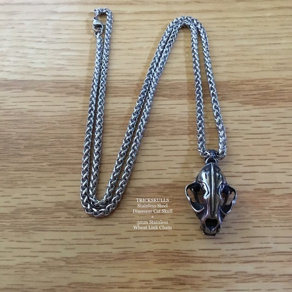 Sabre-Toothed Tiger Smilodon Big Cat Dinosaur Skull Stainless Pendant & Chain - Picture 12 of 13